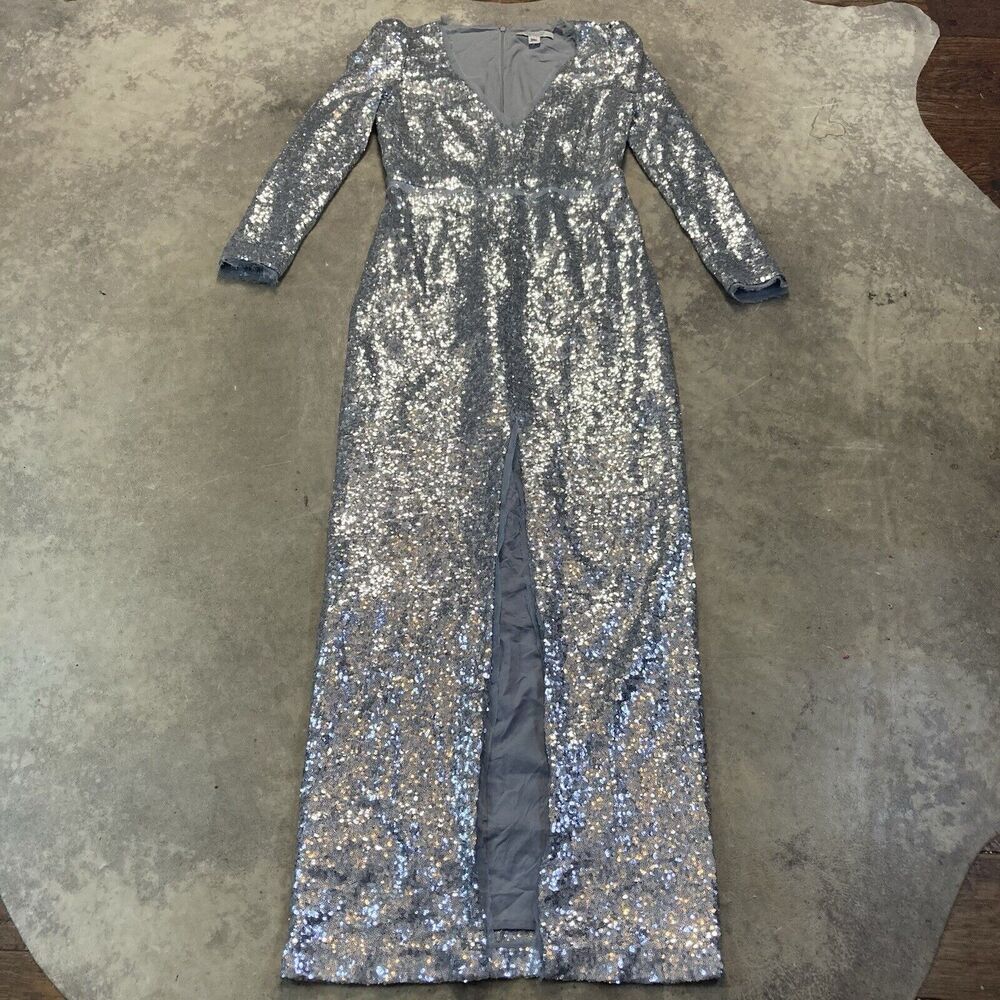 Rachel Zoe Bloomingdales Dress Womens 10 Silver All Over Sequin Maxi Front‎ Slit